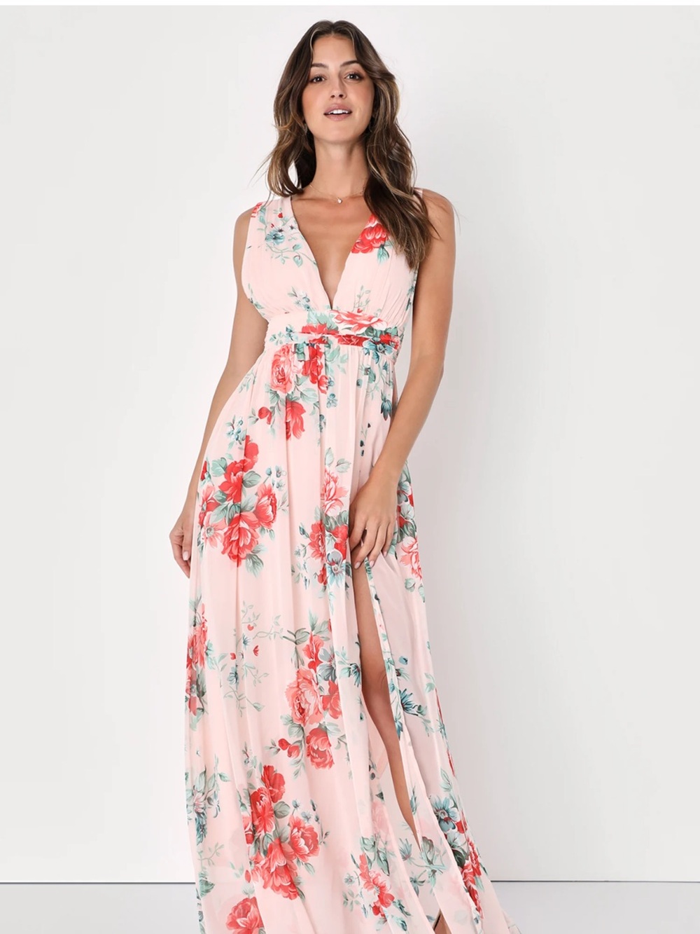 Lulu's Garden Meandering Blush Floral Maxi Dress with Red Floral Print